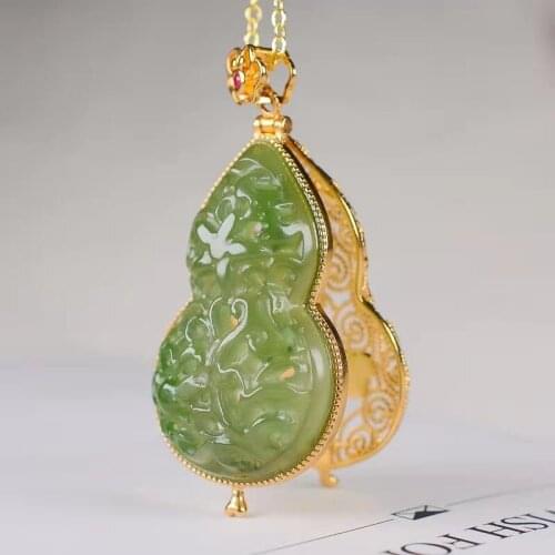 Natural green jade pendant with gold 925 sterling silver necklace gourd sachet jade necklaces pendants for women jewelry 25