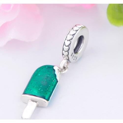 925 Silver Green Lampwork Ice Cream Tea Coffee Time Bead Pendant Fit Original Pan Charm Bracelet Women Making Craft Berloque