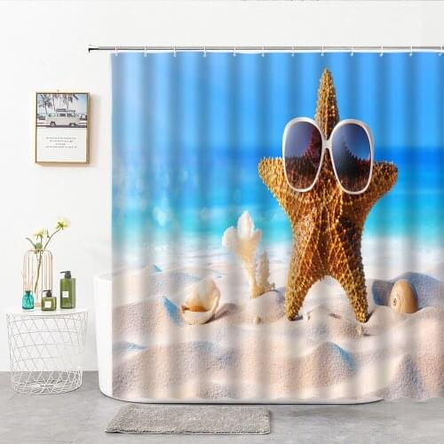 Marine Life Starfish Shower Curtain Fabric Washable With Hook Rings Bath Curtains Summer Ocean Vacation Sandy Beach Home Decor