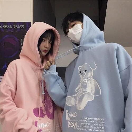 Cute cartoon bear print hoodie streetwear Korean casual vintage loose long-sleeved sweatshirt Harajuku oversize women clothing