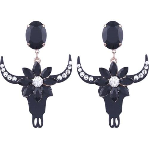 Vintage pink champagne Acrylic drop Earrings for women Fashion ethnic black Crystal flower Earrings Bull Head Jewelry Wholesale