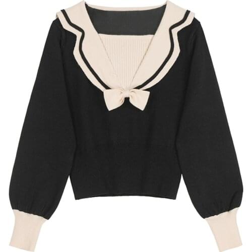 Vintage Sailor Collar Knitted Sweater Women Autumn Elegant Casual Long Sleeve Preppy style Knitting Jumpers Ladies Sweater Tops