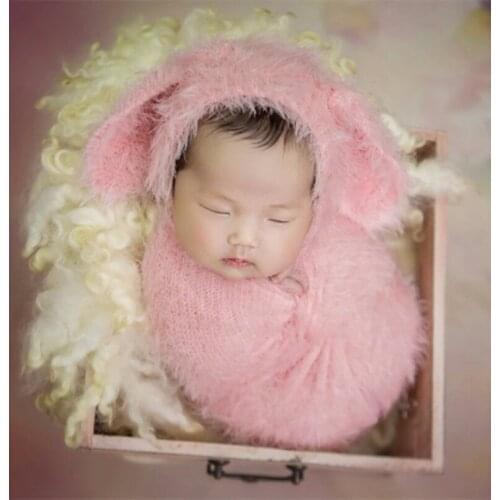 Knitted Animal Hat Fuzzy Jersey Stretchy Wrap Set Pink Baby Swaddle Knit Blanket Newborn Posing Layer Props Fuzzy Bunny Hat