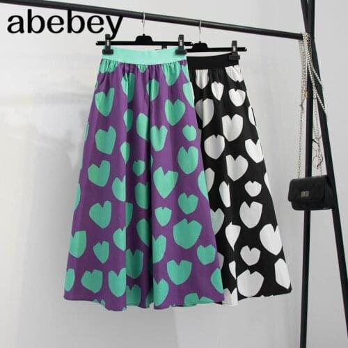 2021 New Summer Elastics High Waist A-Line Skirts Korean Chic Sweet Love Print Faldas Mujer Japanese Kawaii Skirt