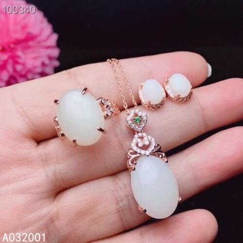 KJJEAXCMY fine jewelry natural white jade 925 sterling silver women pendant necklace ring earrings set support test lovely