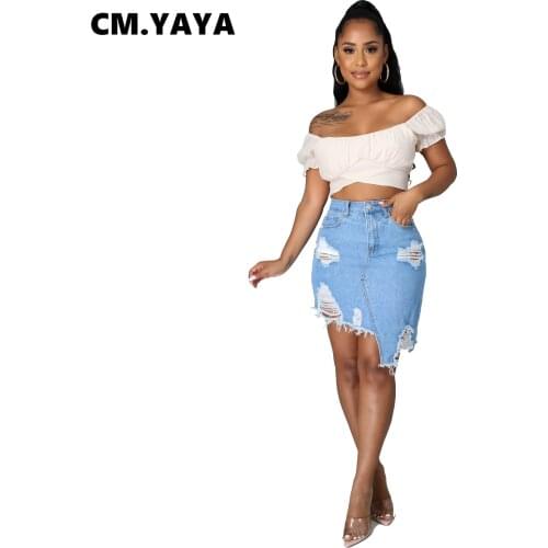 CM.YAYA Women Skirts Denim Ripped Hole Asymmetrical Mid Waist Pockets Zip Fly Straight Skirts Sexy Fashion Streetwear Summer