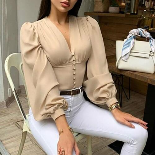 2021 Autumn Ladies Elegant Blouse Lantern Tops V Neck Top Fashion Long Sleeve Shirts Women New Vintage Button Up Shirt Clothing