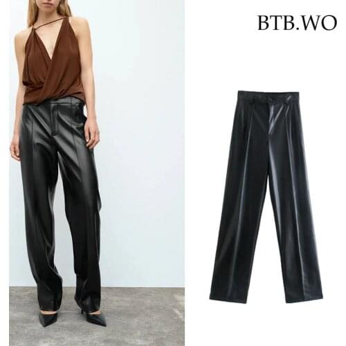 BTB.WO Za Women Pants 2021 Autumn Vintage Imitation leather Pants For Women Fashion Streetwear Y2k Vintage Cropped Trousers