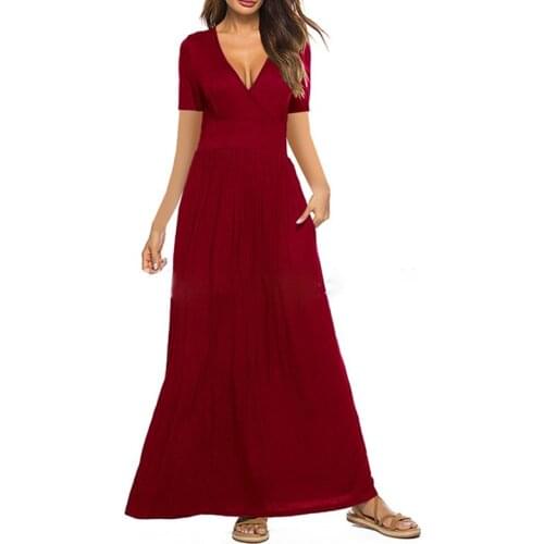 Women Vintage Dresses Casual Solide V Neck Loose Pocket Long Dress Lady Bohemian Short Sleeve Party Sundress Vestidos