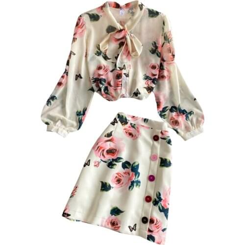 Spring New Women Elegant Rose Flower Print Blouse Clothing Suit Long Puff Sleeve Bow Collar Shirts+Button Mini Skirt 2 Piece Set