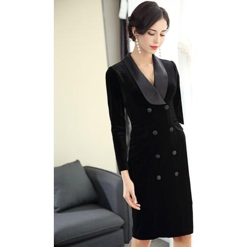 New Arrival Autumn Winter Velvet Dress Woman Vintage Elegant Double Breasted Slim Bodycon Long Sleeve Black Dresses Party Robe