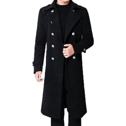 Winter New Business Mens Double Breasted Military Trench Coat Woolen Long Coat Male Fashion Large Code Slim Coat Black Outwear