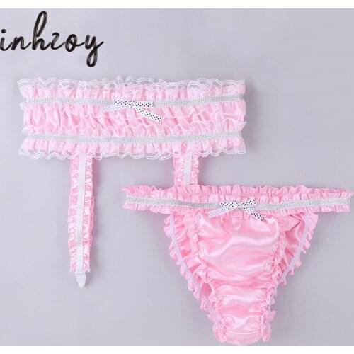 2Pcs Mens Sissy Panties Lingerie Set Sexy Satin Ruffled Stretchy Briefs Underpants with Garters