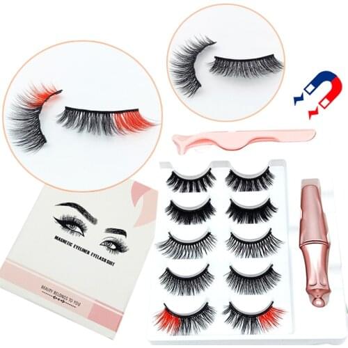 4/5 Pairs Mixed Colorful Magnetic 3D False Eyelashes Magnetic Liquid Eyeliner Tweezer Set Thick Colored Fake Eyelashes Wholesale