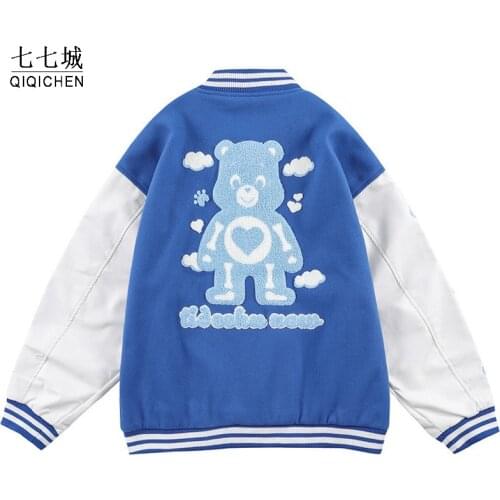 Hip Hop Baseball Jacket Men Furry Cartoon Bear Embroidery Bomber Varsity Jackets Patchwork Streetwear College Coats Unisex 2021
