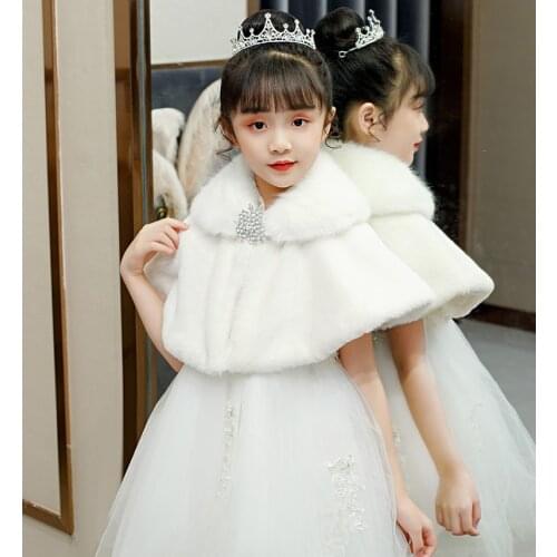 Flower Kids Girls Winter Faux Fur Coat For Wedding Formal Dress Thicken Plush Shawl Wrap White Red Bolero Shrug Cape with brooch