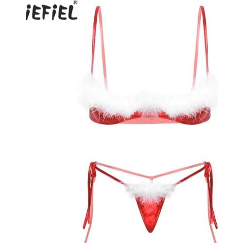 Hot Sale Sexy Christmas Babydoll Sexy Costumes Red Sexy Women Lingerie Bra Set G-string White Feather Erotic Lingerie Underwear