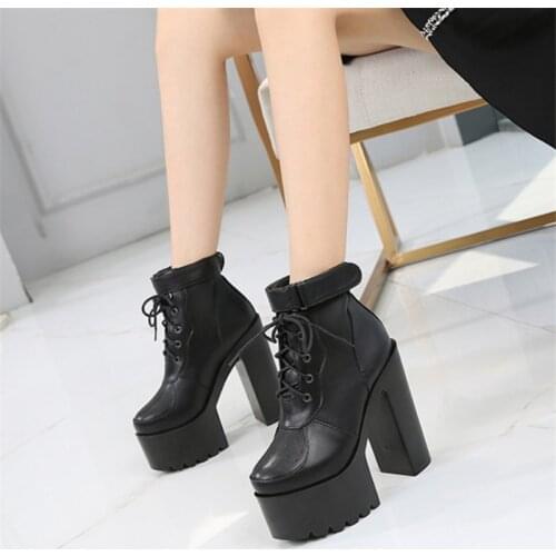 JIANBUDAN Height Increasing Womens autumn high heels Fashion sexy Super high Leather boots Platform waterproof Ankle boots