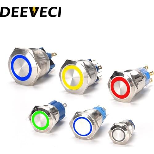 Metal 12v 220v Waterproof Latching 12mm 16mm 19mm 22mm 25mm ON OFF yellow red green Momentary Push Button Switch With led