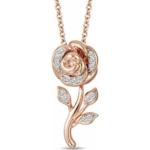 Milangirl Romantic Rose Gold Color Beautiful Rose Flower Inlaid Crystal Rhinestone Pendant Necklace for Women Party Jewelry