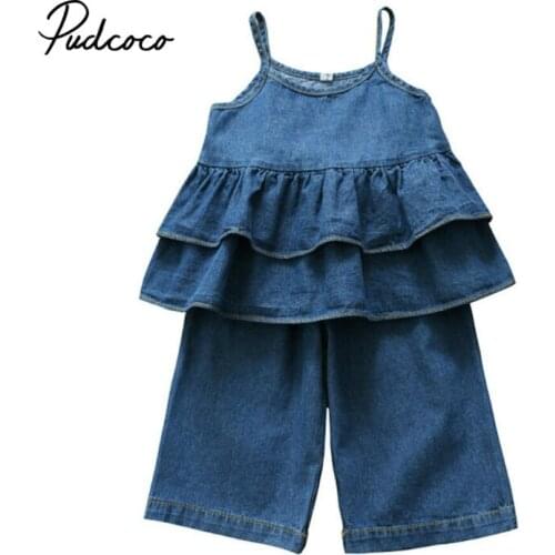 Pudcoco Fashion Toddler Kid Baby Girl Sleeveless Sling Tops Shirt Jeans Outfit Clothes Set 2PCS Denim Suit 1-6 Years For Summer