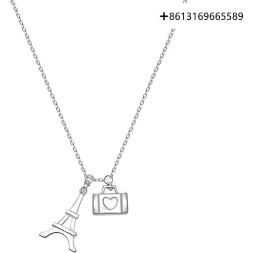 Fashion boutique new 925 silver iron tower suitcase necklace female simple temperament personality students jewelry couple gifts