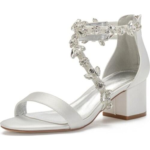 Block Heels Satin Crystals Wedding Sandals for Bride Open Toe Zipper Back Mid Heels Formal Party Dress Sandals Summer