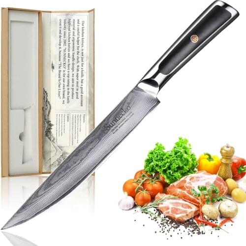 SUNNECKO 8" Slicing Knife Kitchen Chef Knives Accessories 73-Layer Japanese VG10 Damascus Steel Razor Sharp Blade G10 Handle