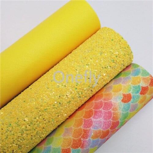 Onefly 21X29CM Yellow Glitter Leatherm Mermaid Glitter Fabric, Solid Synthetic Leather Sheets For Bow DIY handbags shoes BQ041