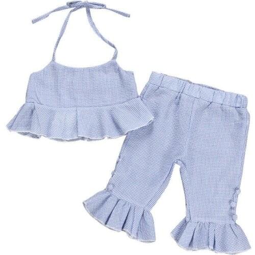 1-5T Summer Toddler Kids Baby Girl Fashion Clothes set Boho Beach Striped Ruffle Crop Tops Flared Pants Cute Outfits set Sunsuit