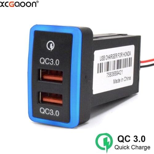 XCGaoon QC3.0 Quickcharge 2 USB Car Charger Phone PDA DVR Adapter Plug & Play Cable With Blue lights For HONDA