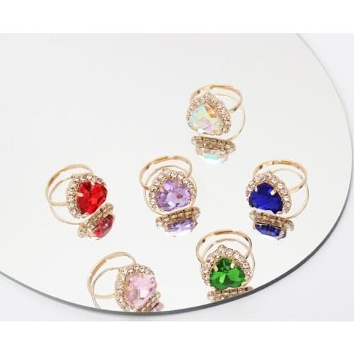 Luxury Red Blue Pink Crystal Heart Rings for Women Bridal Wedding Engagement Party Adjustable Ring Valentines Day Gift