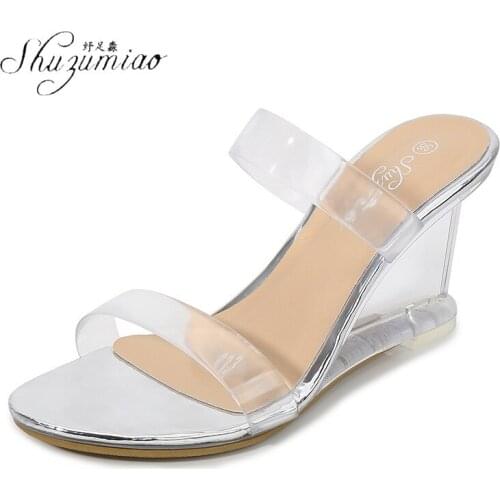 SHUZUMIAO Sexy Transparent Crystal Womens Slippers 2021 Wedge Heel Shoes Slides High Heels Women Shoes Fashion Wedge Sandals