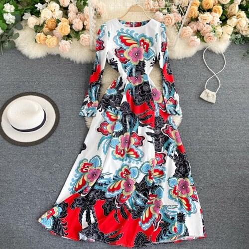 Vintage Floral Print Dresses Women Plus Size Elegant Long Dress Women O-neck Long Sleeve Big Swing A-line Dress b123