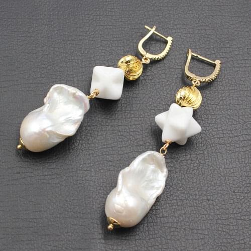 GuaiGuai Jewelry Natural White Keshi Pearl White Ceramic Whiteware Dangle CZ Paved Hook Earrings Handmade For Women