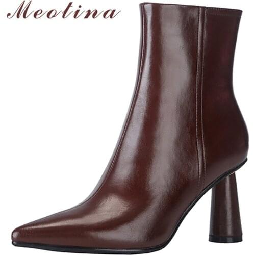 Meotina Women Genuine Leather Boots Pointed Toe Round High Heel Ankle Boots Zipper Ladies Boots 2021 Autumn Winter Beige Brown