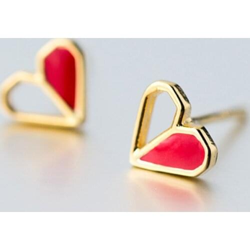 Female 925 sterling silver fresh gold sweet Red love earrings lovely Heart Shape Cute earrings Women small brincos New Fashion