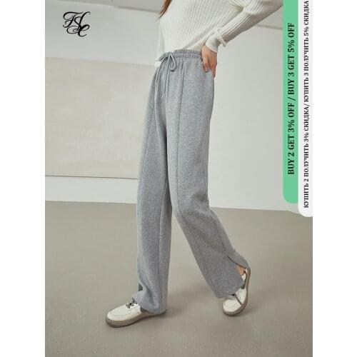 FANSILANEN Office Lady Newly Autumn 2021 Womens Loose Sports Casual Pants Trousers Women High Waist Gray Black Split Sweatpants
