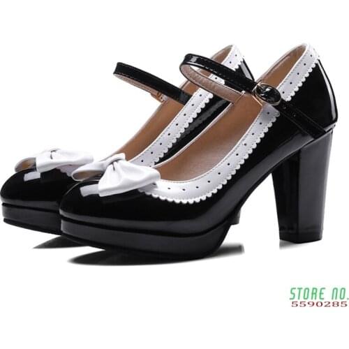 Spring New Thick Womens Shoes With Round Head Oversized Size Matching Bow-Tie Single Shoes 34-48