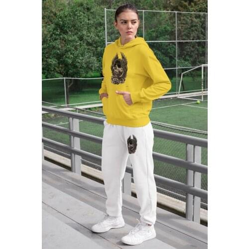 Angemiel Wear Jerkslab Crossbones Women Tracksuit Set Yellow Hooded Sweatshirt White Sweatpants
