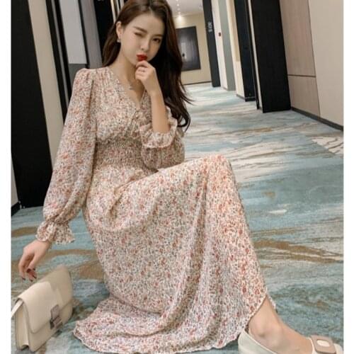 Women Floral Chiffon Maxi Dress Cross V Neck Long Puff Sleeve Slim Waist Elegant One-piece Dresses Femme A line Kearon STYLE New