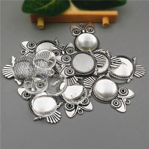 10sets/lot Fit 20mm 25mm Antique Silver Alloy owl diy Cameo base Setting Pendant+Clear Glass Cabochons Beads Jewelry finding