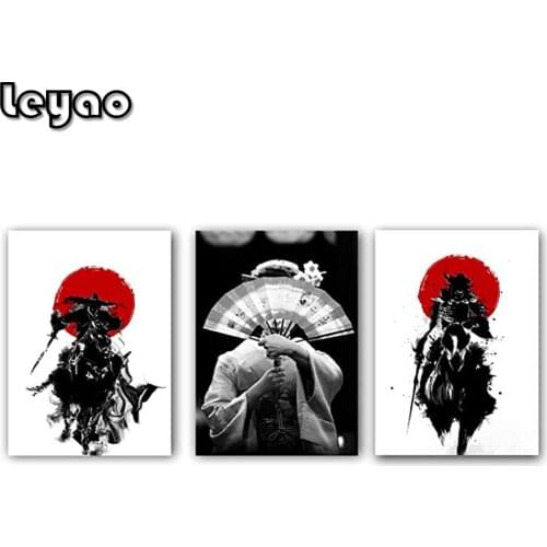 Black White Japanese Geisha with Folding Fan Diamond Painting Ancient Japan Samurai Red Sun Figure Diamond Embroidery 3 pcs