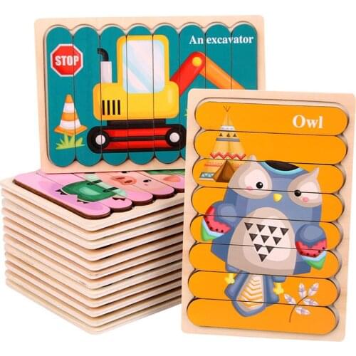 Wooden Double Sided 3D Puzzle Kids Toys Montessori Cartoon Creative Large Strip Jigsaw Learning Children Wood Toy Jouet Enfant
