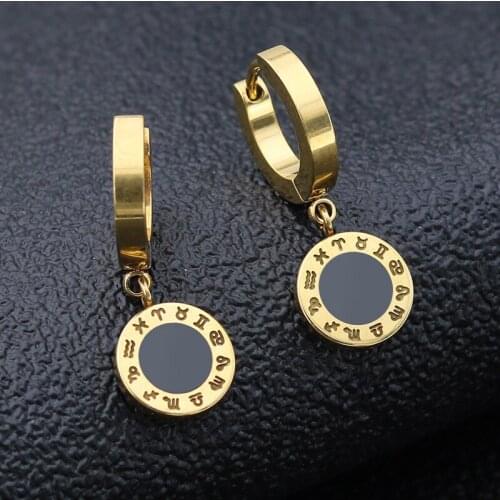 Twelve Constellations Design Women Earrings Rose Gold-color White Black Shell Circular Surface Roman Letter Dance Earring