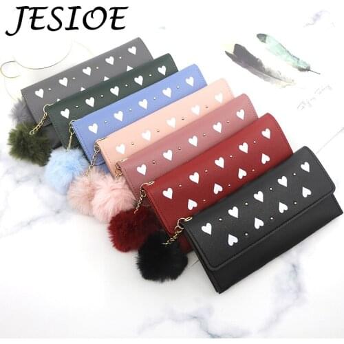 Long Womens Fashion Wallet Female Purses Heart Coin Purses Hairball Luxury Card Holder Wallets Female Leather Clutch Money Bags