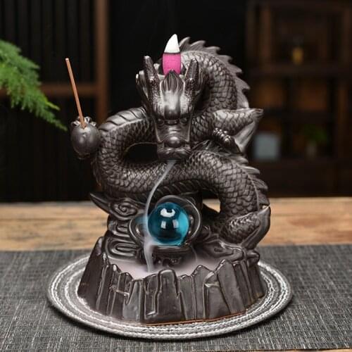 Ceramic Incense Burner Smoke Backflow Incense Burner Creative Home Decor Dragon Incense Holder Censer With Lucky Crystal Ball