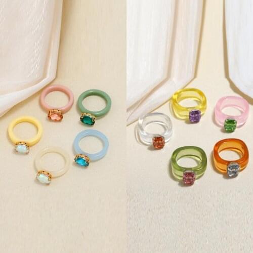 Fashion Korea Women Resin Unadjustable Rings Colorful Round Square Rhinstone Rings For Women Wedding Party Jewelry Gifts,1PC