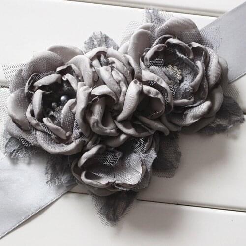 Fashion Burn flower sash belt women belt kids girl sash belt Wedding sash Belt Grey 1pcs