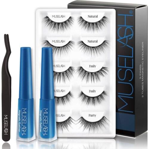 MUSELASH Upgraded 5 Pairs 3D Magnetic Eyelashes with Eyeliner Kit Reusable Natural Look (5 Different Styles)